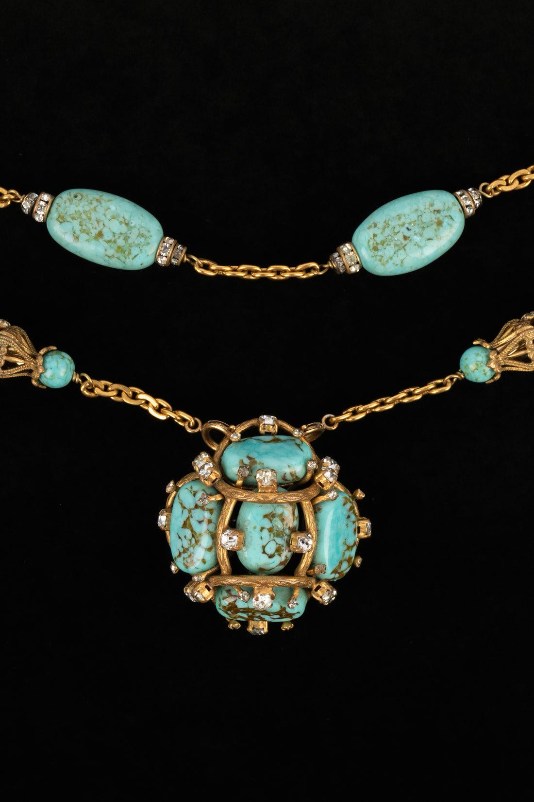Chanel Antique Turquoise Golden Metal Pendant Necklace For Sale 1