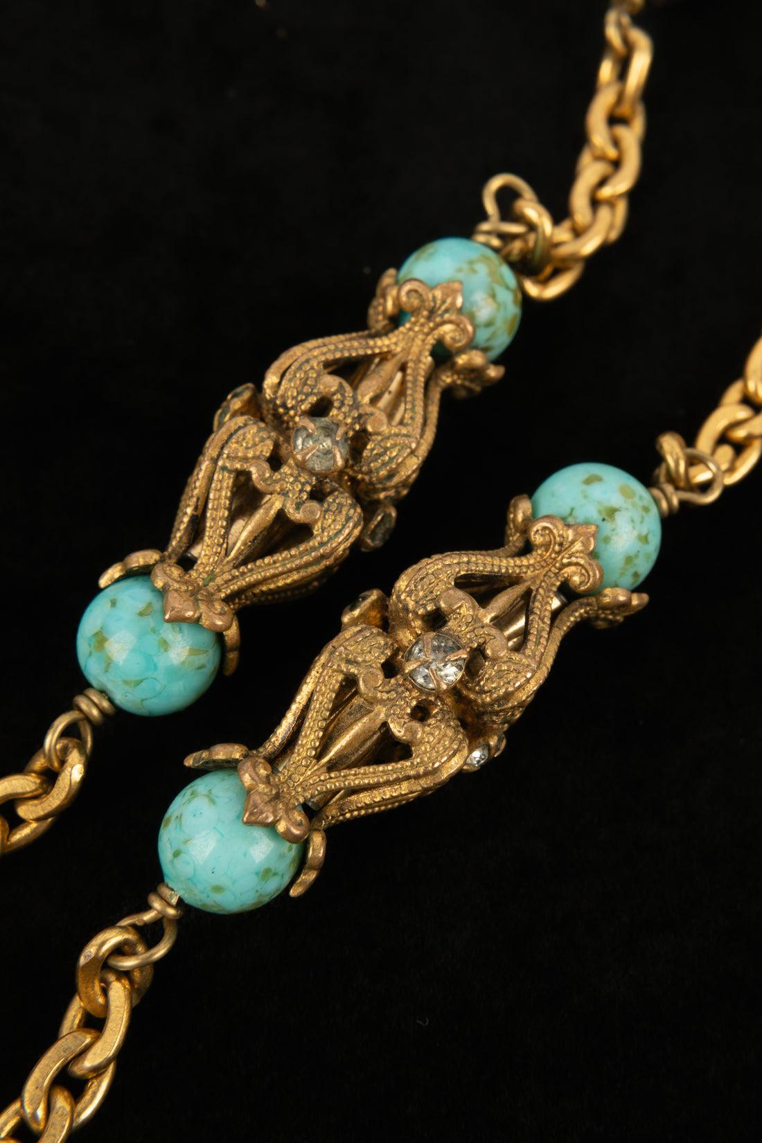 Chanel Antique Turquoise Golden Metal Pendant Necklace For Sale 4