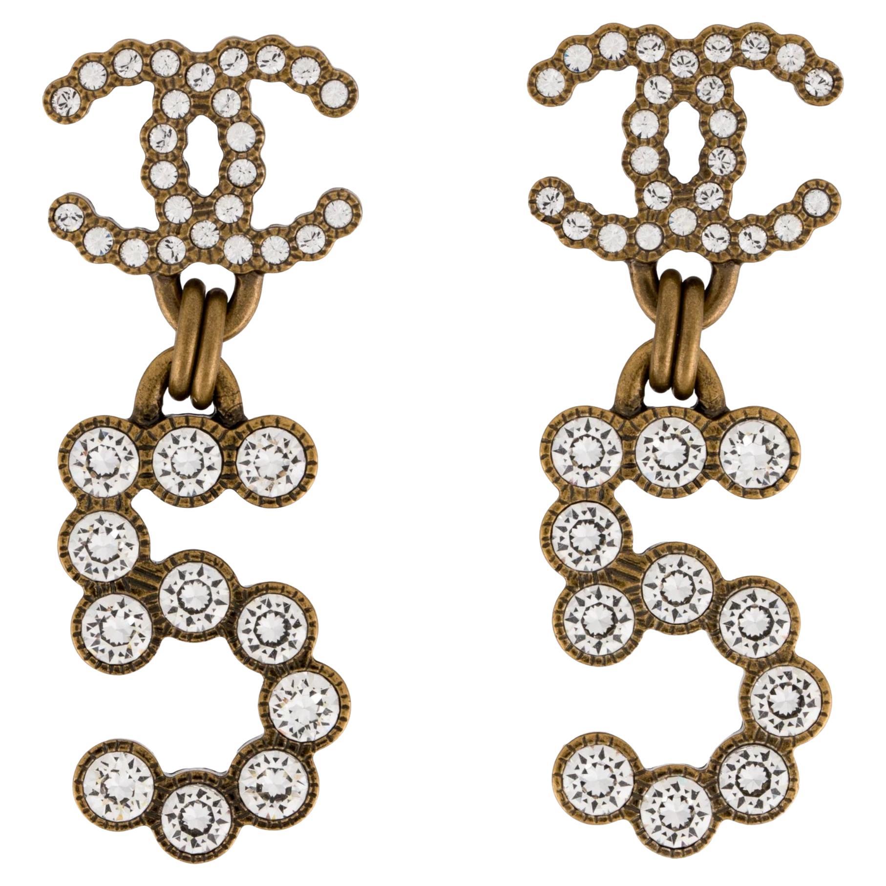 Chanel Antiqued Gold Strass N°5 Cc Drop Clip On Earrings For Sale