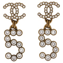 Chanel Antiqued Gold Strass N°5 Cc Drop Clip On Earrings