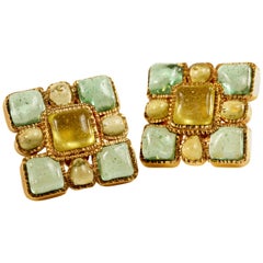 Vintage Chanel Aqua Square Gripoix Clip On Earrings