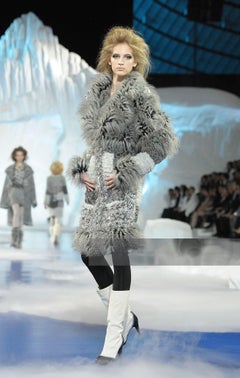 CHANEL Arctic Collection Grey Fluffy Embellished Tweed Coat  40 FR