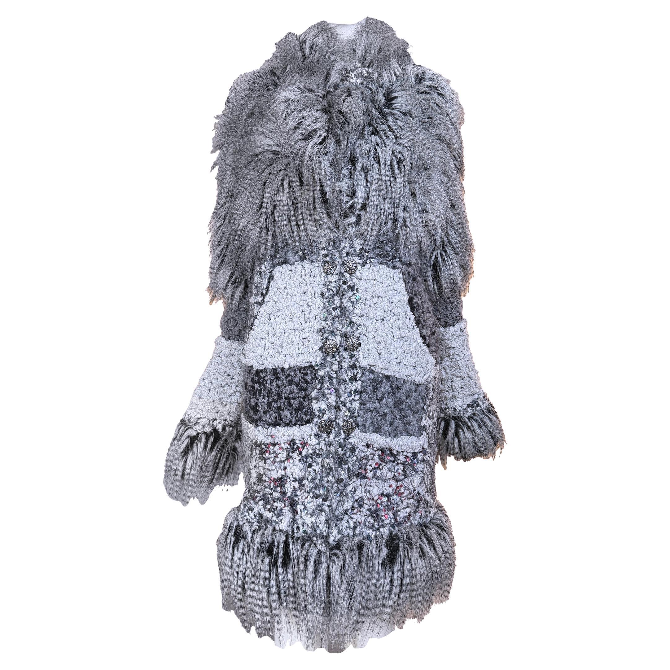 CHANEL Arctic Collection Grey Fluffy Embellished Tweed Coat  40 FR