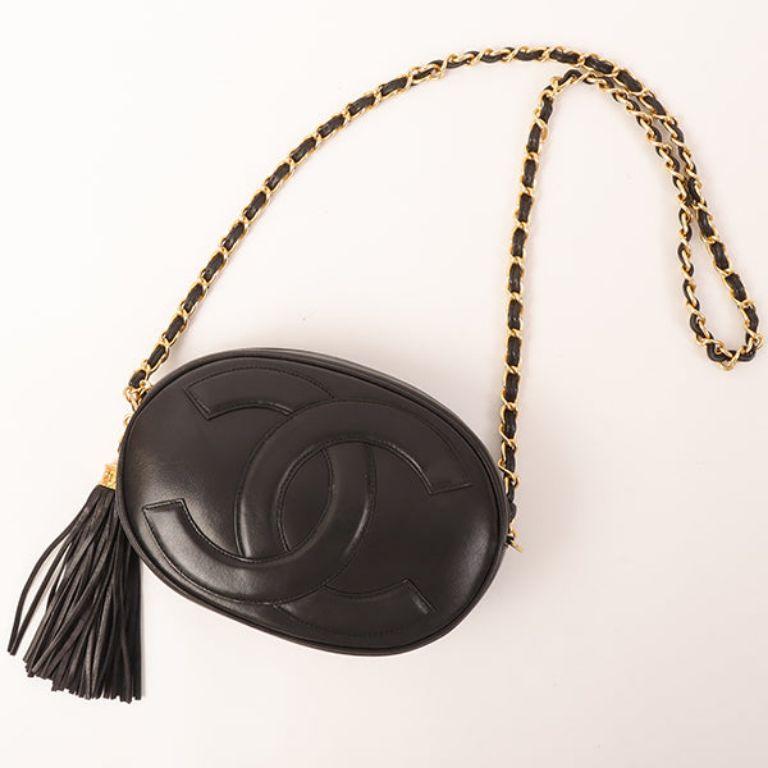 Chanel Around 1990 Made Big CC Mark Stitch Fringe Mini Chain Bag Black For Sale 16