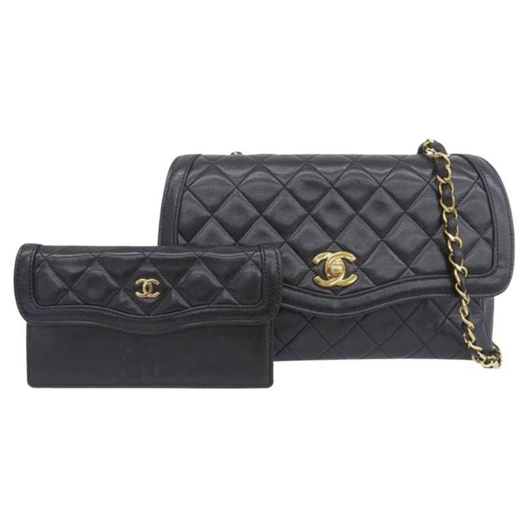 Chanel Around 1990 Made Edge Design Flap Turn-Lock Bag with Pouch Black at  1stDibs