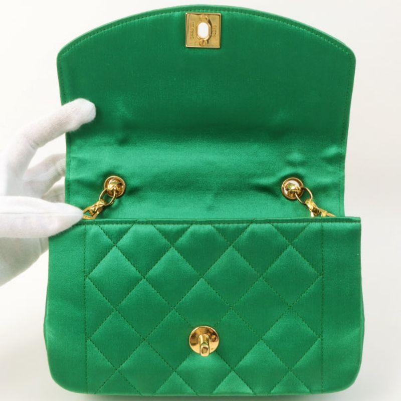 Chanel Around 1990 Made Silk Satin Diana Flap Bijou Chain Bag Mini Green 9
