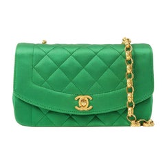 Chanel Around 1990 Made Silk Satin Diana Flap Bijou Chain Bag Mini Green