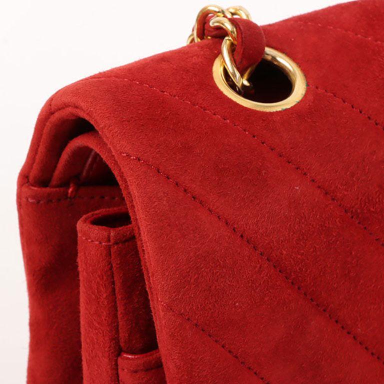 Chanel Around 1990 Made Suede V Stitch Classic Flap Chain Bag 25Cm Red For Sale 10