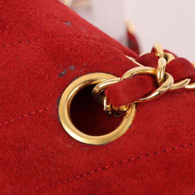 Chanel Around 1990 Made Suede V Stitch Classic Flap Chain Bag 25Cm Red For Sale 11