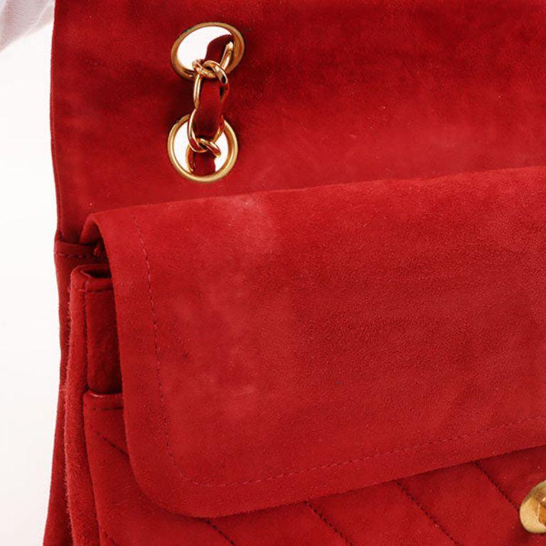 Chanel Around 1990 Made Suede V Stitch Classic Flap Chain Bag 25Cm Red For Sale 12