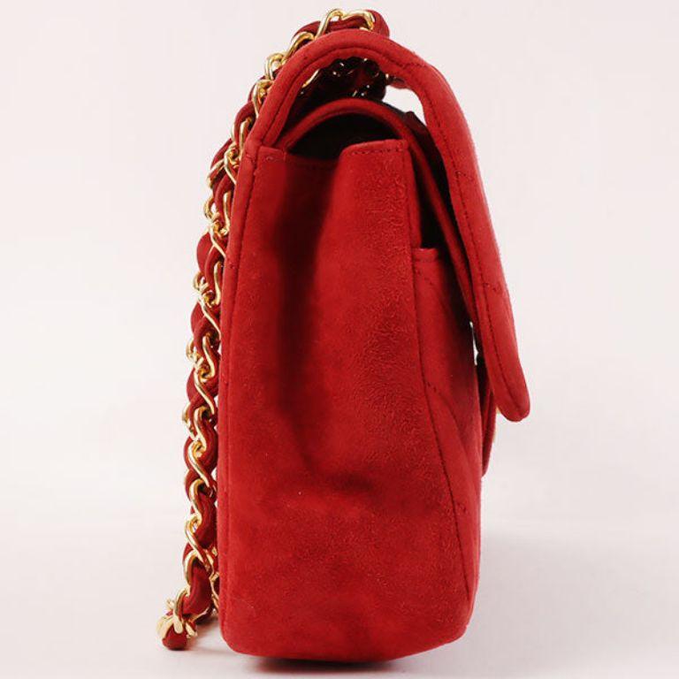 Chanel Around 1990 Made Suede V Stitch Classic Flap Chain Bag 25Cm Red In Good Condition For Sale In London, GB