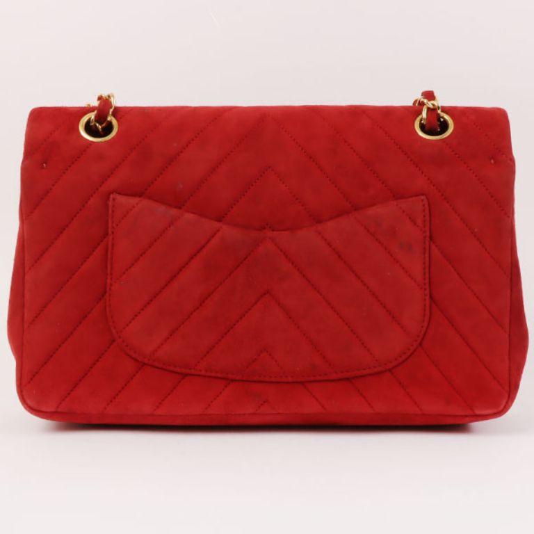 Chanel Around 1990 Made Suede V Stitch Classic Flap Chain Bag 25Cm Red For Sale 1