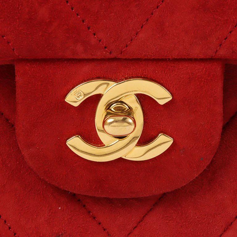 Chanel Around 1990 Made Suede V Stitch Classic Flap Chain Bag 25Cm Red For Sale 4