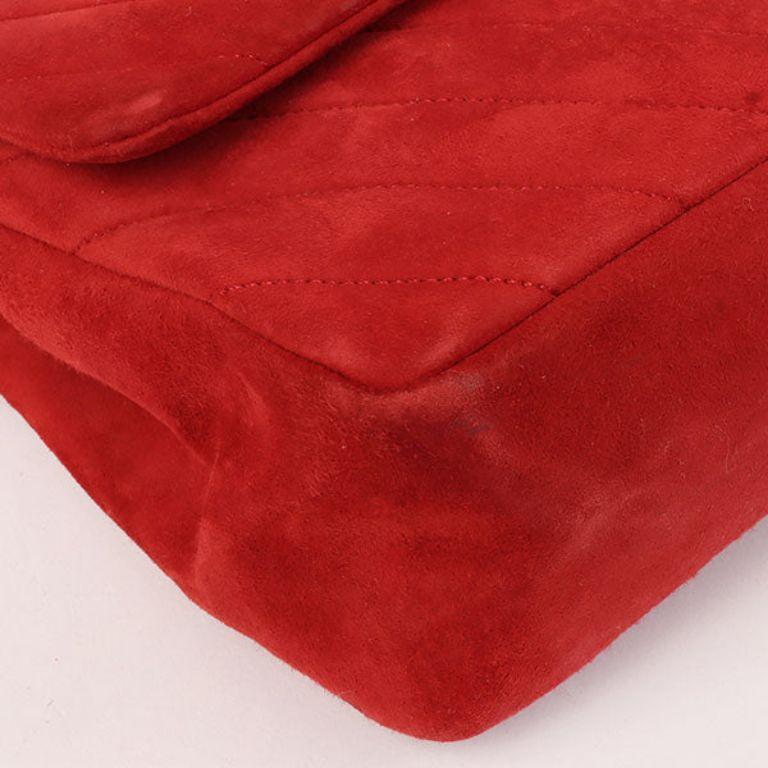 Chanel Around 1990 Made Suede V Stitch Classic Flap Chain Bag 25Cm Red For Sale 5