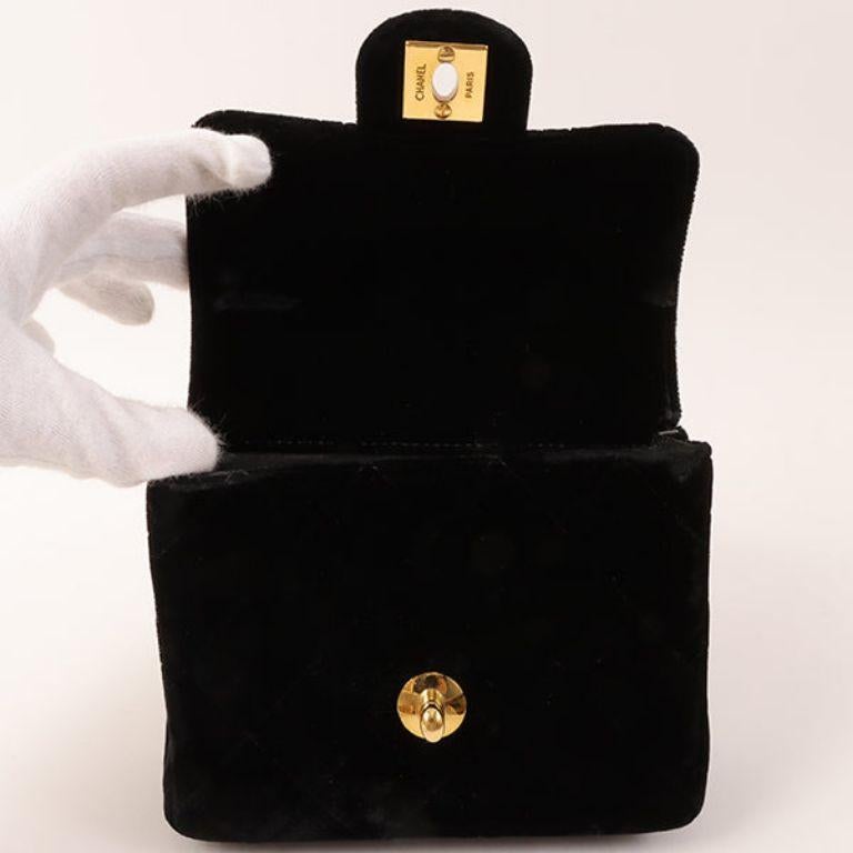 Chanel Around 1992 Made Velour Classic Flap Top Handle Bag Mini Black For Sale 6