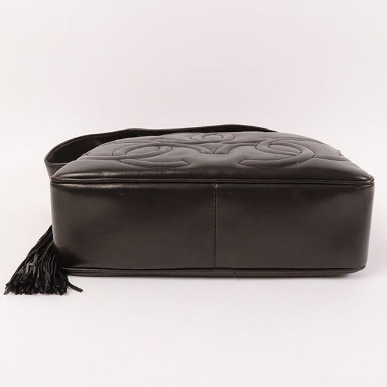 Chanel Around 1995 Made 3 CC Mark Stitch Fringe Shoulder Bag Black For Sale 6