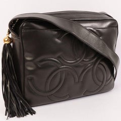 Chanel Around 1995 Made 3 CC Mark Stitch Fringe Shoulder Bag Black