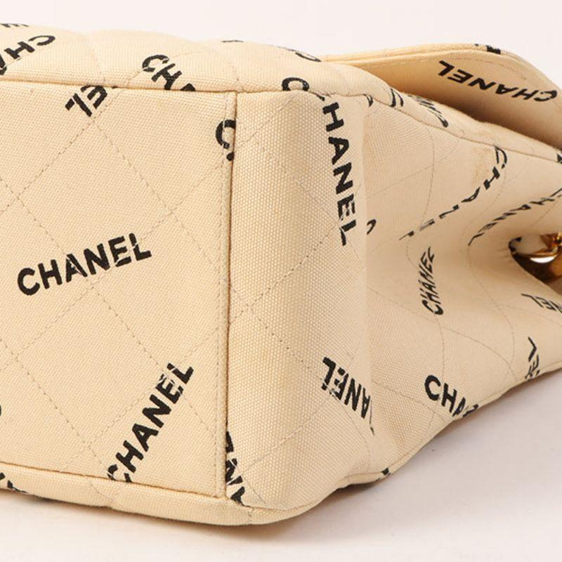 Chanel Around 1995 Made Canvas Logo Print Classic Flap Chain Bag Maxi Beige For Sale 7