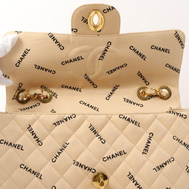 Chanel Around 1995 Made Canvas Logo Print Classic Flap Chain Bag Maxi Beige For Sale 9