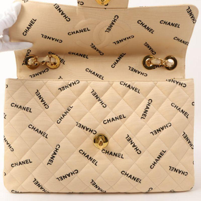 Chanel Around 1995 Made Canvas Logo Print Classic Flap Chain Bag Maxi Beige For Sale 10