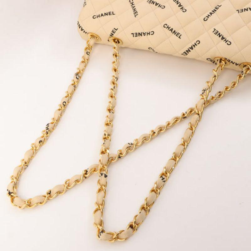 Chanel Around 1995 Made Canvas Logo Print Classic Flap Chain Bag Maxi Beige For Sale 11
