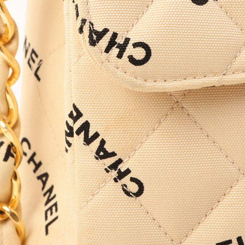 Chanel Around 1995 Made Canvas Logo Print Classic Flap Chain Bag Maxi Beige For Sale 13
