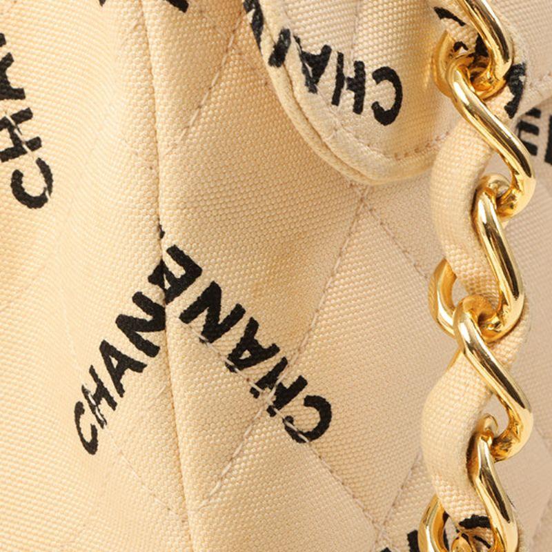 Chanel Around 1995 Made Canvas Logo Print Classic Flap Chain Bag Maxi Beige For Sale 14