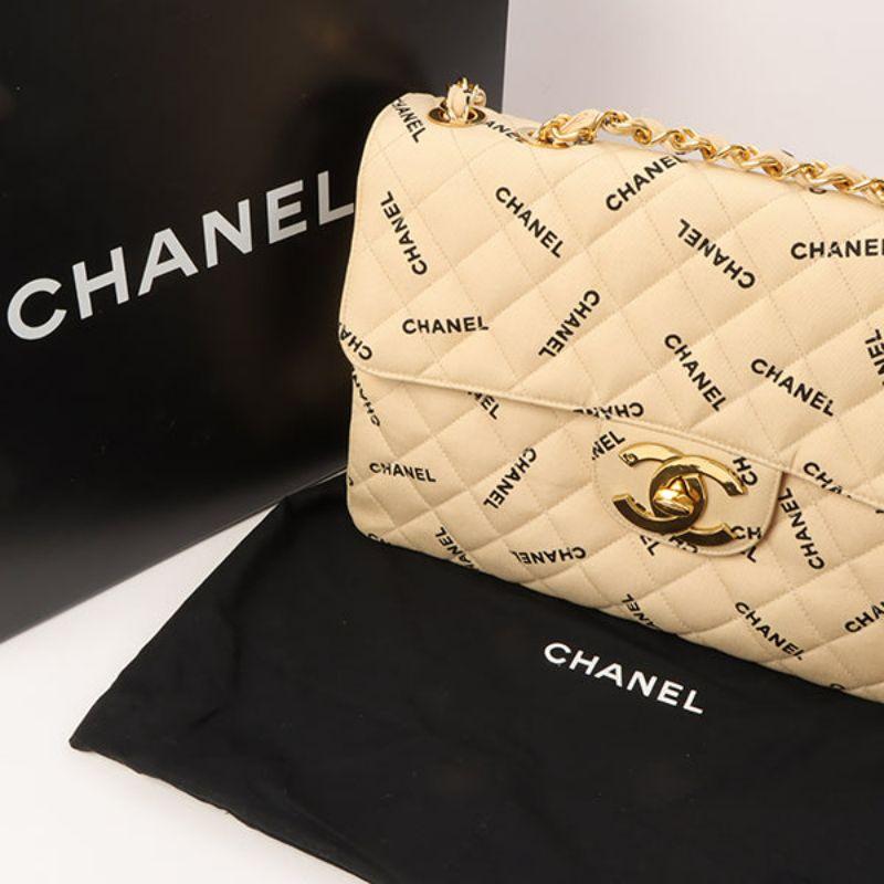 Chanel Around 1995 Made Canvas Logo Print Classic Flap Chain Bag Maxi Beige For Sale 16