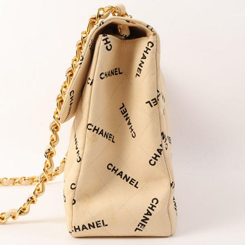 Chanel Around 1995 Made Canvas Logo Print Classic Flap Chain Bag Maxi Beige For Sale 1