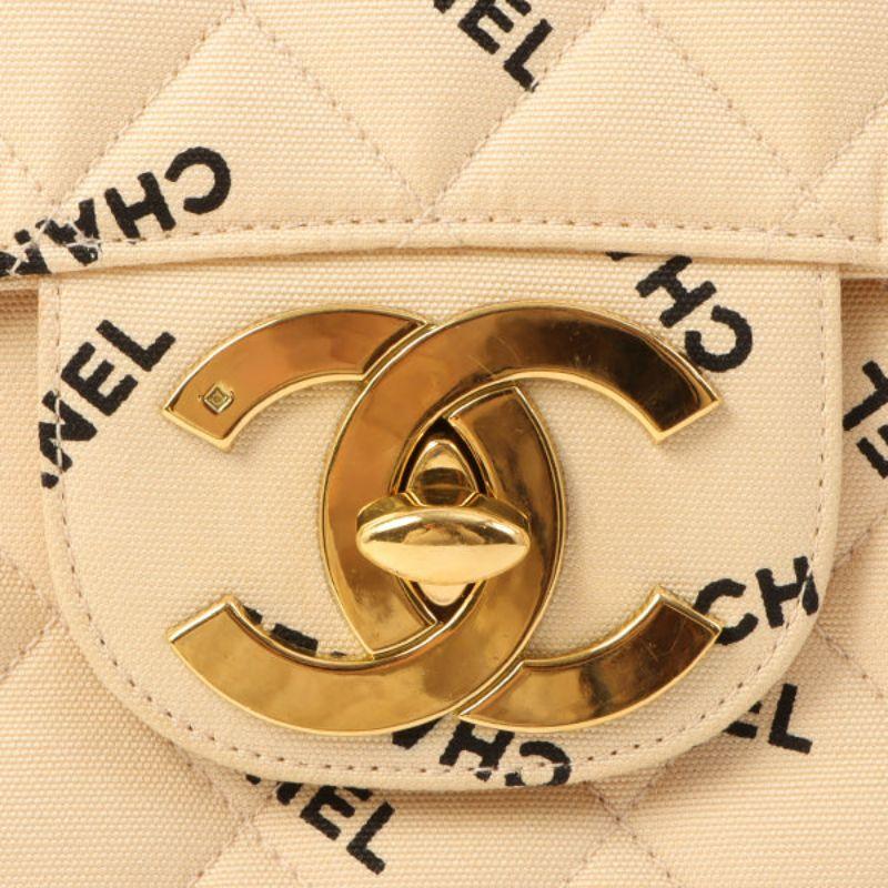 Chanel Around 1995 Made Canvas Logo Print Classic Flap Chain Bag Maxi Beige For Sale 5