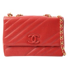Chanel Around 1995 Made Caviar Skin Cc Mark Diagonal Stitch Chain Bag Red