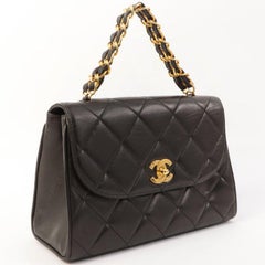 Chanel Around 1995 Made Design Flap Turn-Lock Chain Top Handle Bag Black