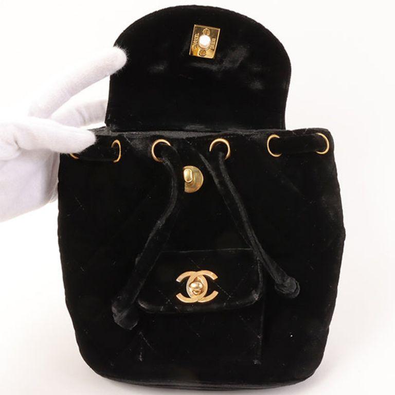 Chanel Around 1995 Made Double Turn-Lock Velour Backpack Mini Black For Sale 9