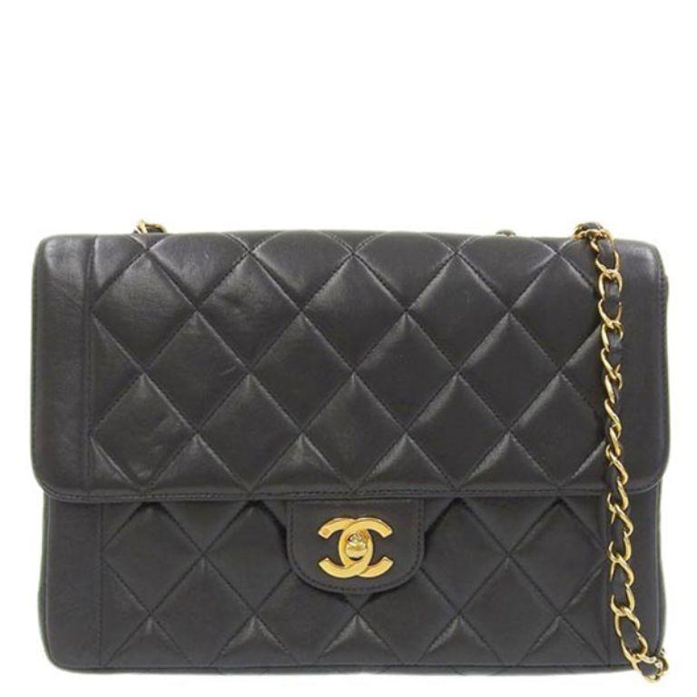 Chanel Around 1995 Made Edge Design Flap Turn-Lock Chain Bag Black