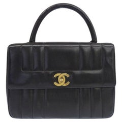 Vintage Chanel Around 1995 Made Mademoiselle Stitch Turn-Lock Top Handle Bag Black