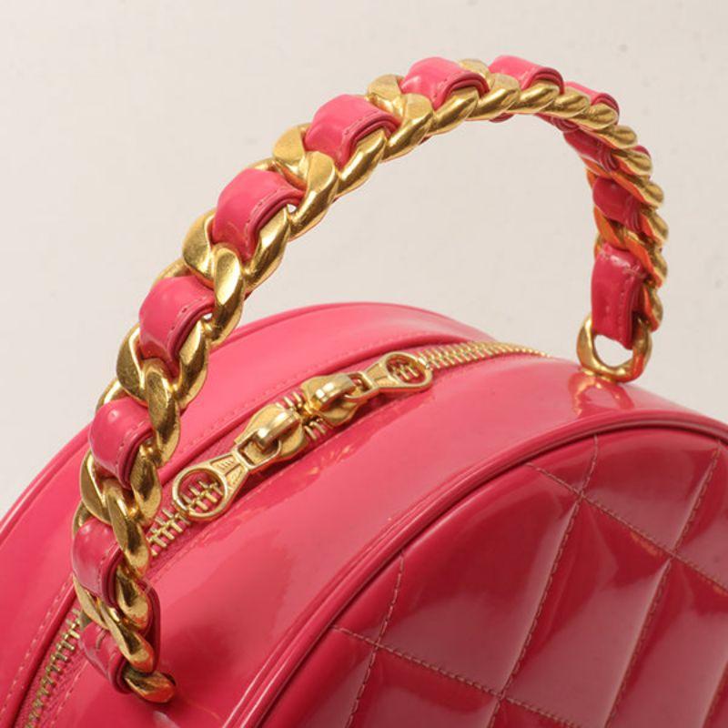 Chanel Around 1995 Made Patent Round Design Cc Mark Vanity Pouch Fuchsia Pink 12