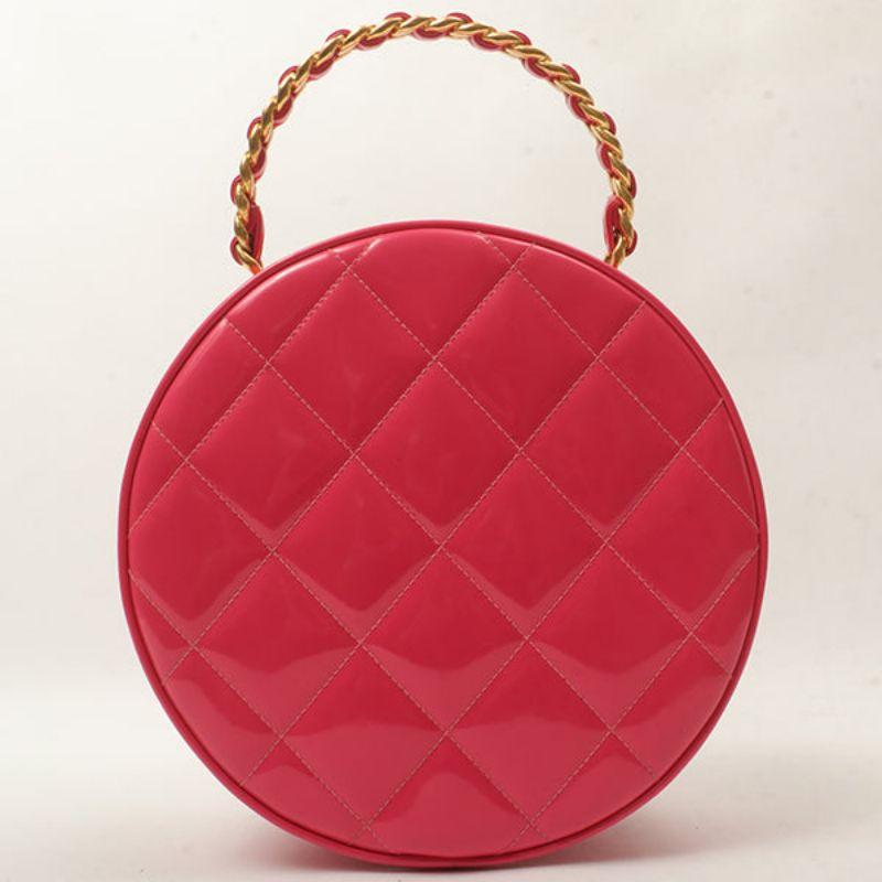 Chanel Around 1995 Made Patent Round Design Cc Mark Vanity Pouch Fuchsia Pink In Good Condition In London, GB