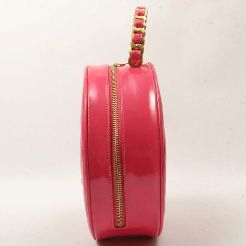 Women's Chanel Around 1995 Made Patent Round Design Cc Mark Vanity Pouch Fuchsia Pink