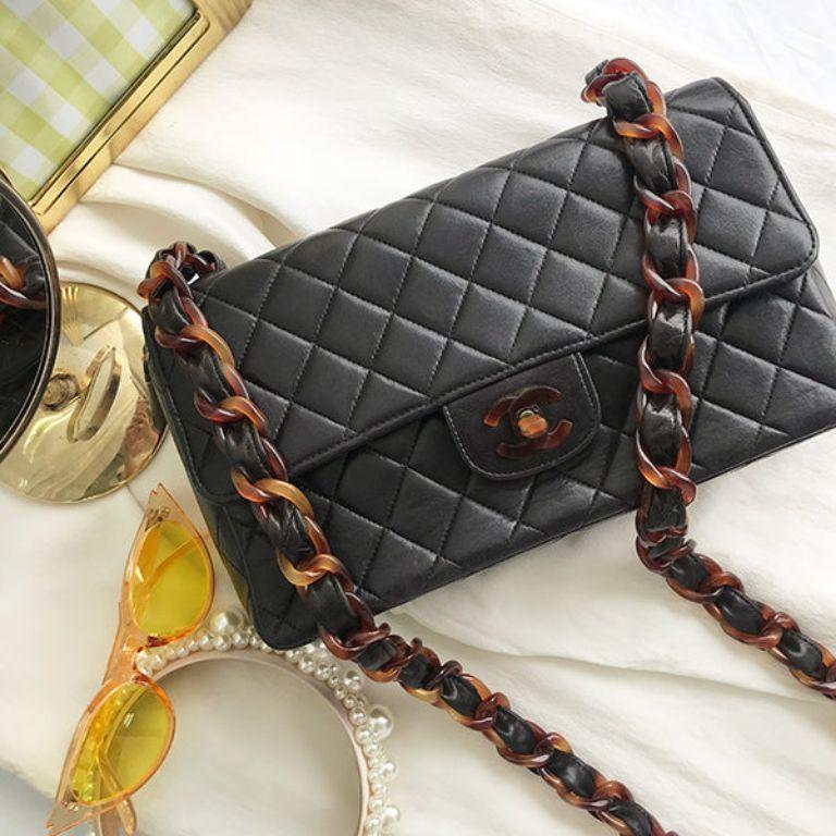 Chanel Around 1995 Made Tortoiseshell Classic Flap Chain Bag 25Cm Black For Sale 16