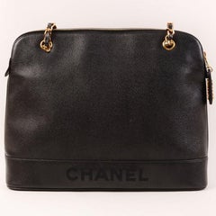 Chanel Around 1997 Made Caviar Skin Logo Embroidered Tote Bag in Black