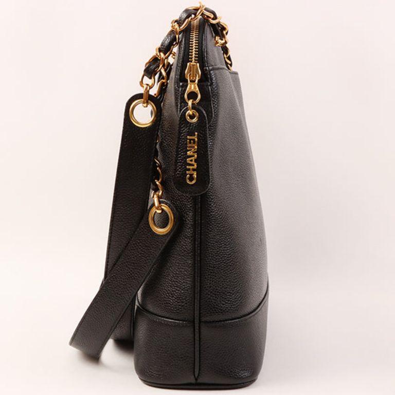 Chanel Around 1997 Made Caviar Skin Logo Embroidered Tote Bag in Black In Good Condition For Sale In London, GB