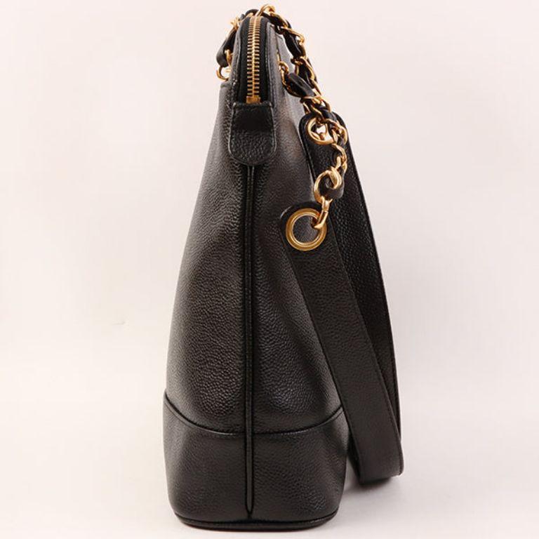Women's Chanel Around 1997 Made Caviar Skin Logo Embroidered Tote Bag in Black For Sale