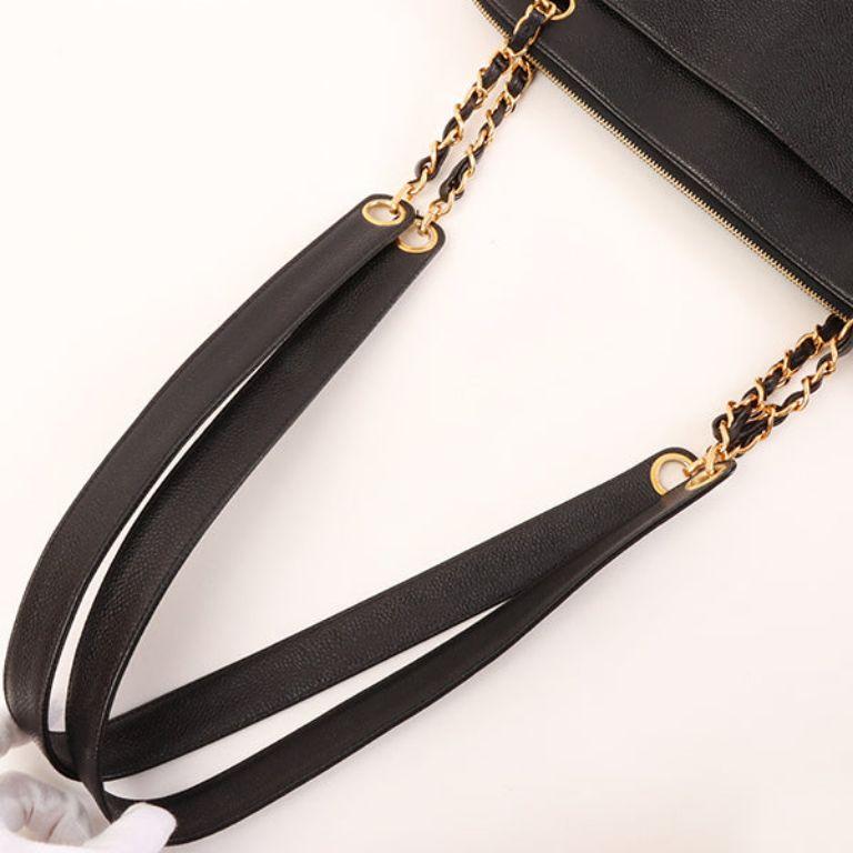 Chanel Around 1997 Made Caviar Skin Logo Embroidered Tote Bag in Black For Sale 5
