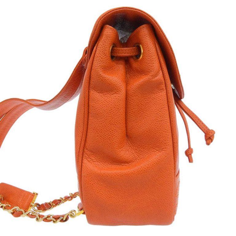 Chanel Around 1997 Made Caviar Skin Turn-Lock Backpack Orange In Good Condition For Sale In London, GB