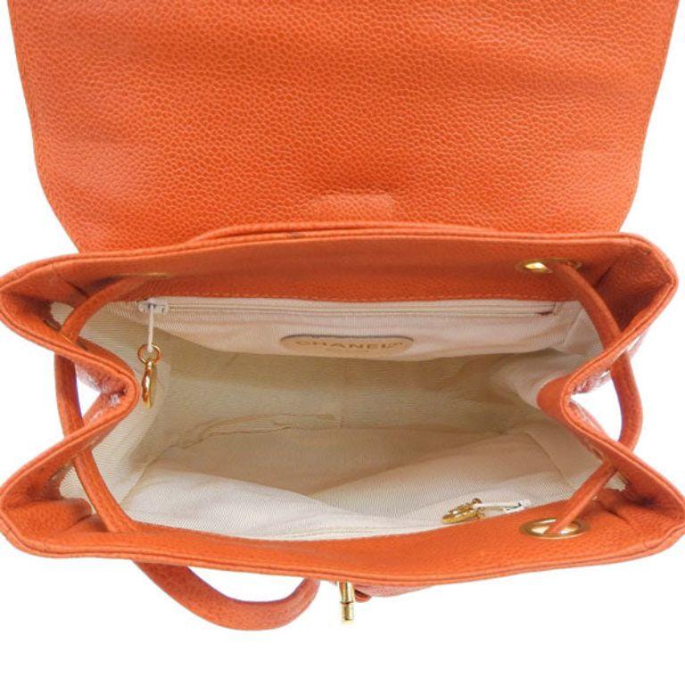 Chanel Around 1997 Made Caviar Skin Turn-Lock Backpack Orange For Sale 1