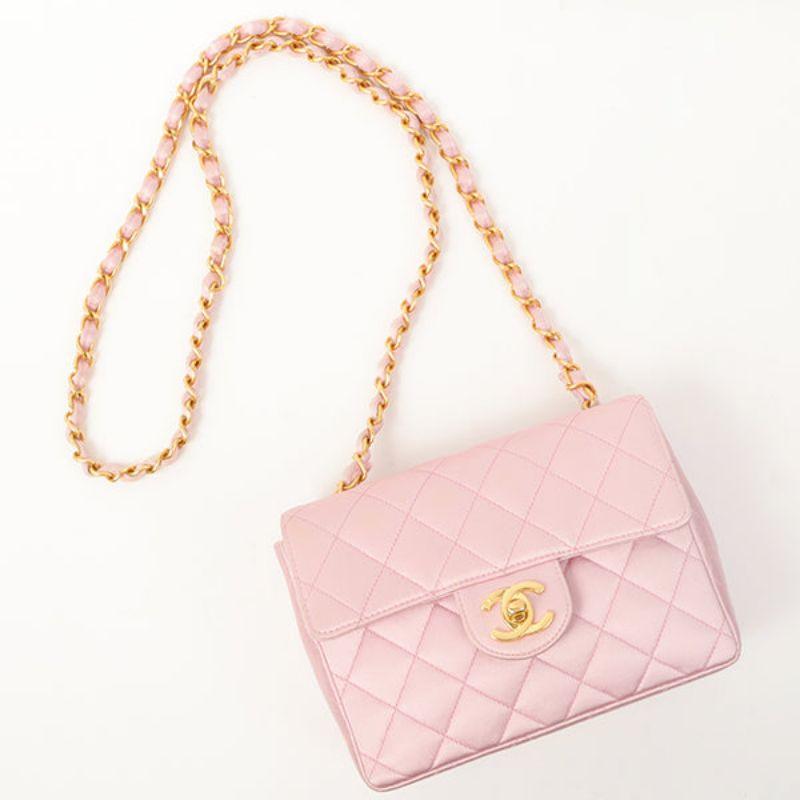 Chanel um 1997 gemacht Seide Fleck klassische Klappe Kette Tasche Mini rosa im Angebot 7