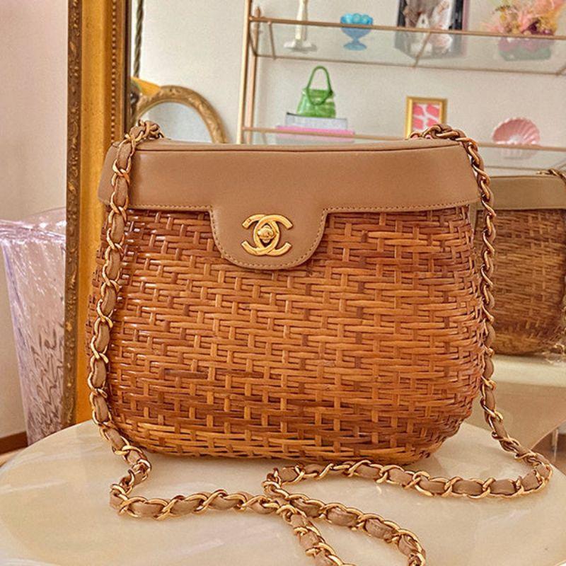 Chanel Around 1998 Made Rattan Turn-Lock Basket Chain Bag Beige 16