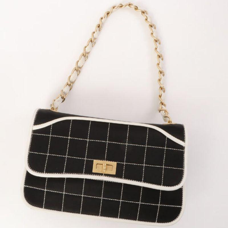 Chanel Around 2000 Made Silk Satin Bicolor 2.55 Chain Top Handle Bag Black/White 9