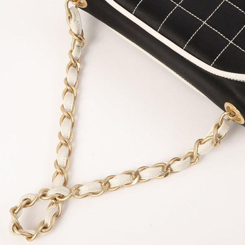 Chanel Around 2000 Made Silk Satin Bicolor 2.55 Chain Top Handle Bag Black/White 10