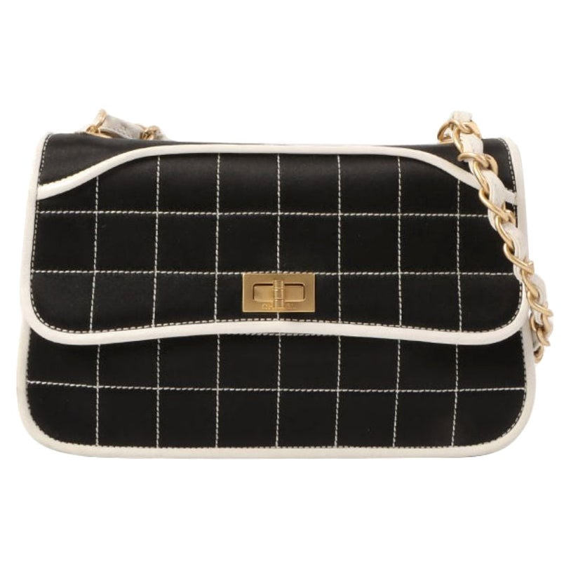 Chanel Around 2000 Made Silk Satin Bicolor 2.55 Chain Top Handle Bag Black/White